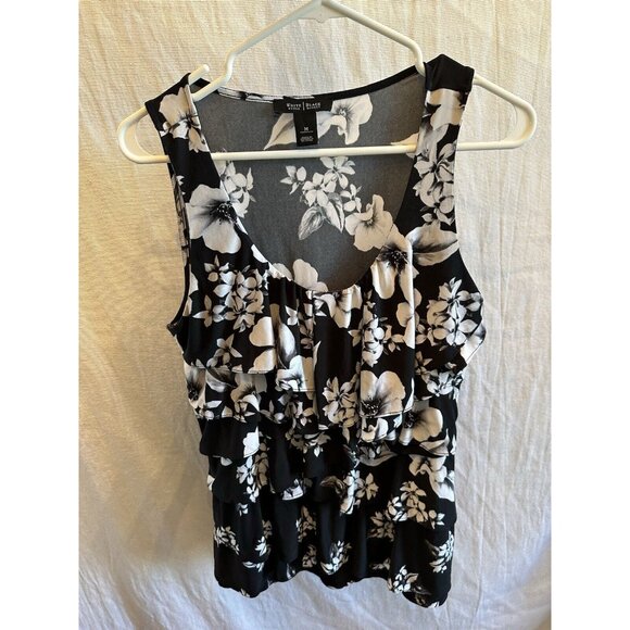 WHBM Women's Black & White Floral Print Ruffles Sleeveless Blouse Top Sz‎ Medium - Picture 2 of 8